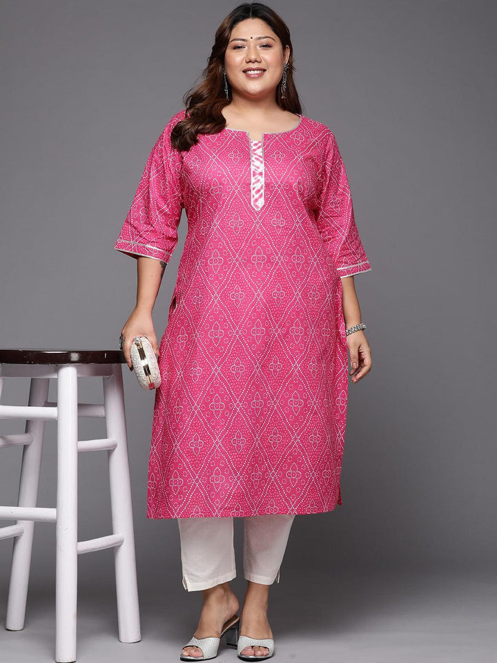 Plus Size Pink Printed Cotton Straight Kurta