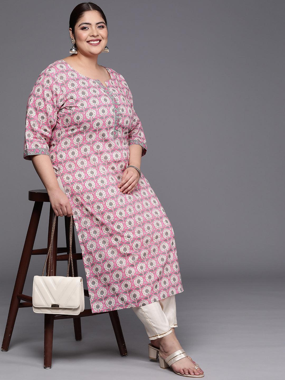 Plus Size Pink Printed Cotton Straight Kurta - ShopLibas