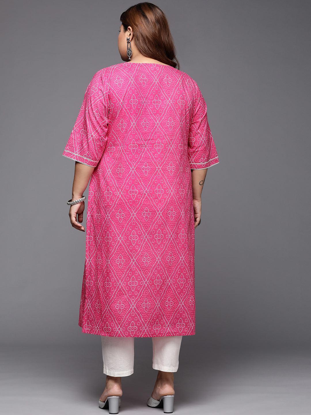 Plus Size Pink Printed Cotton Straight Kurta - ShopLibas
