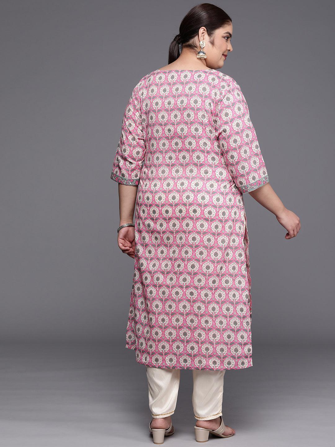 Plus Size Pink Printed Cotton Straight Kurta - ShopLibas