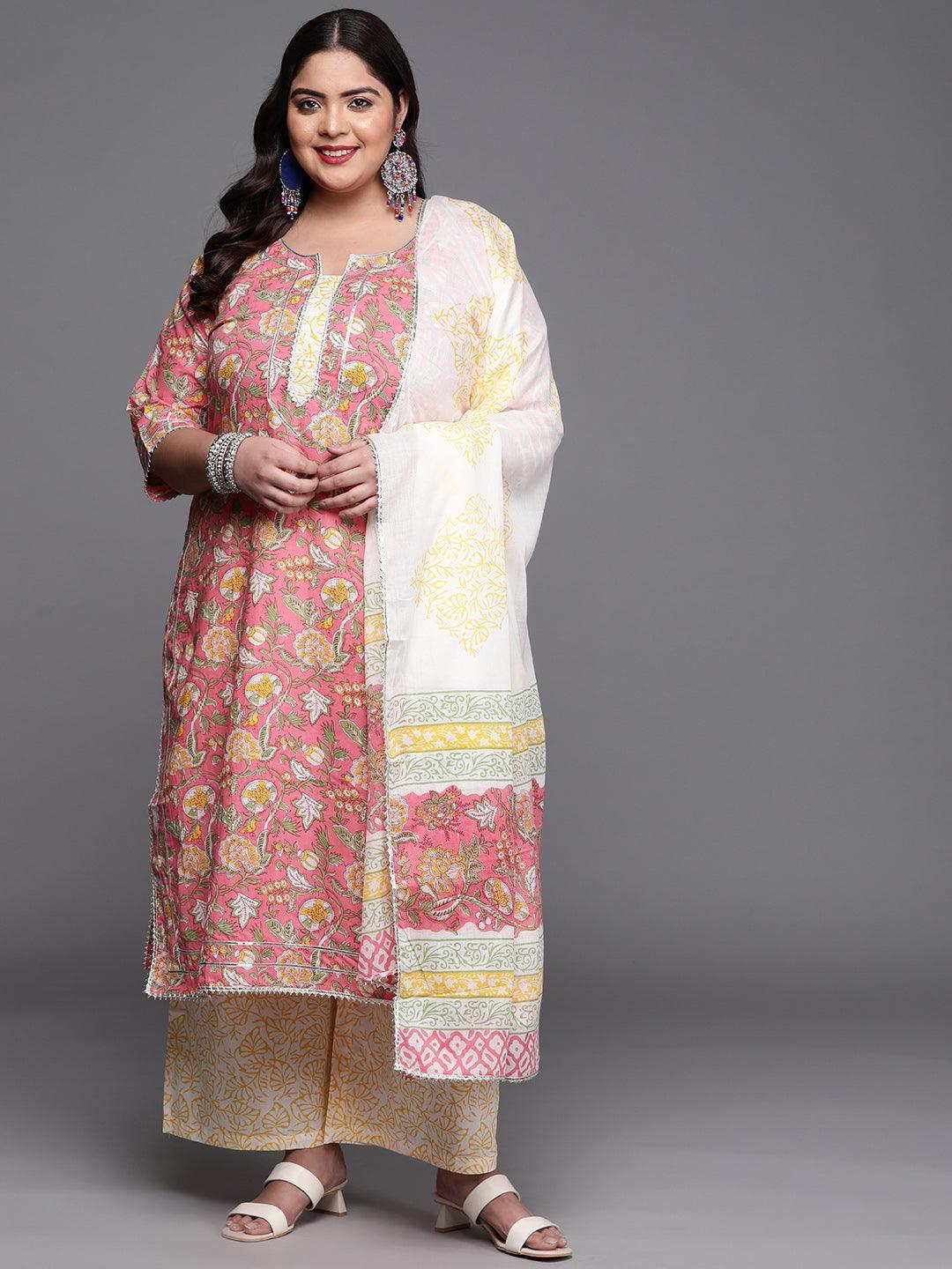 Plus Size Pink Printed Cotton Suit Set - ShopLibas