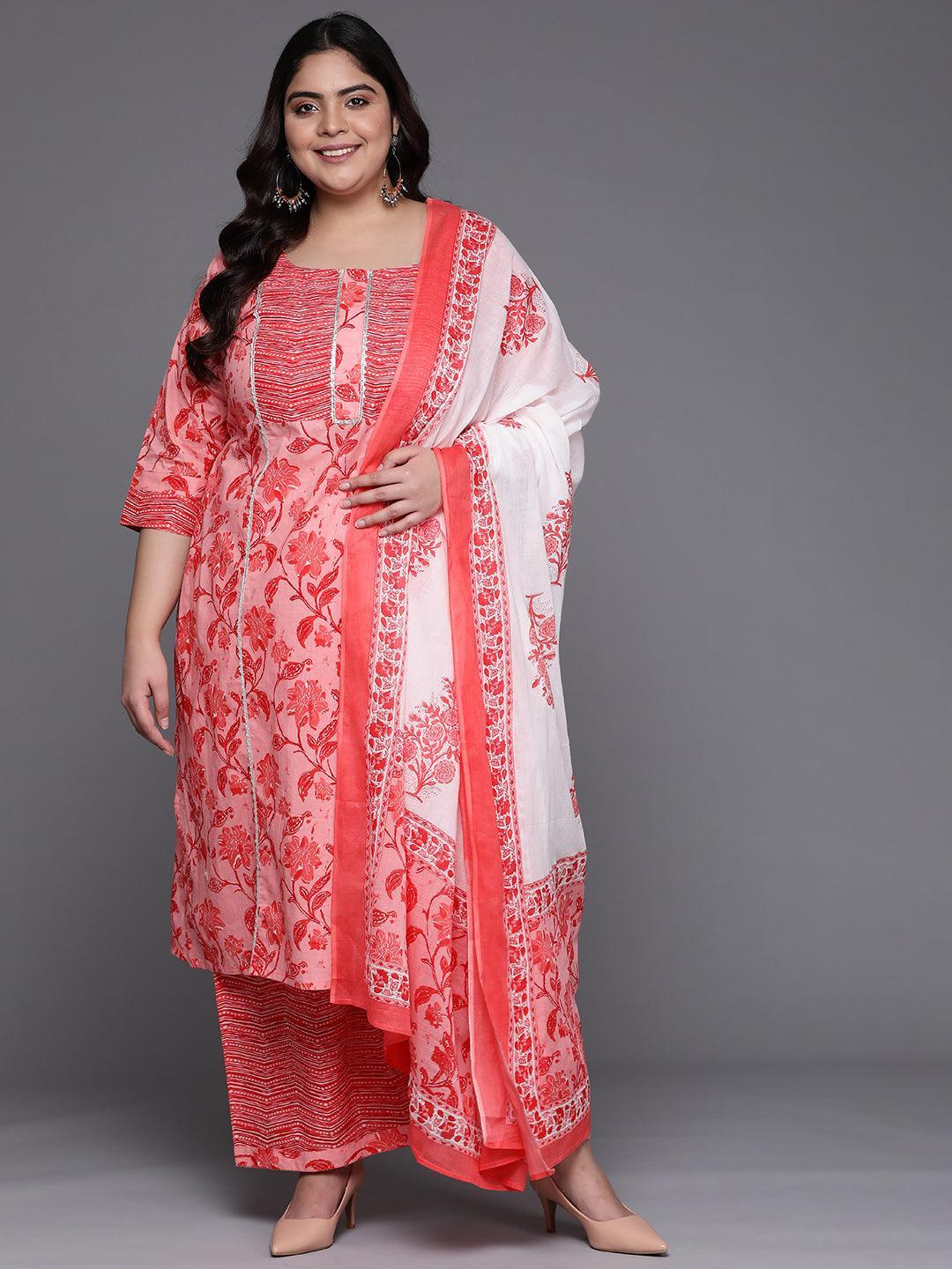 Plus Size Pink Printed Cotton Suit Set - ShopLibas