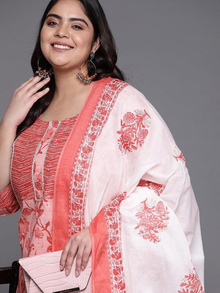 Plus Size Pink Printed Cotton Suit Set
