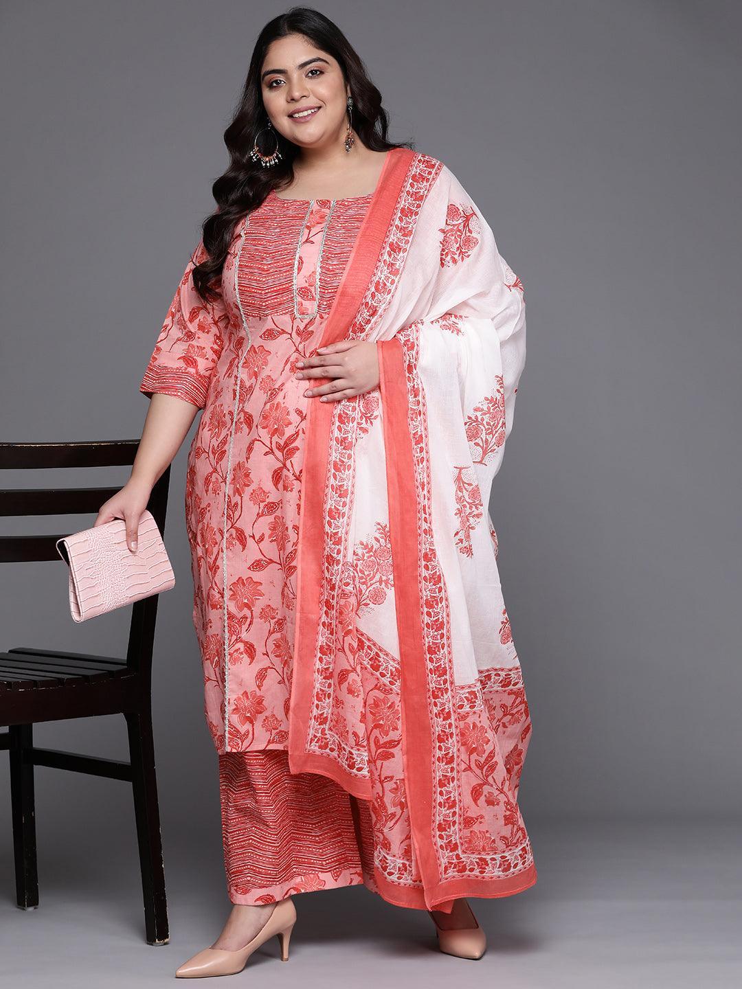 Plus Size Pink Printed Cotton Suit Set - ShopLibas