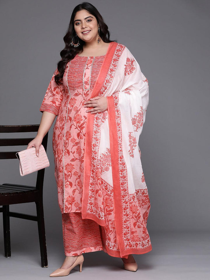 Plus Size Pink Printed Cotton Suit Set