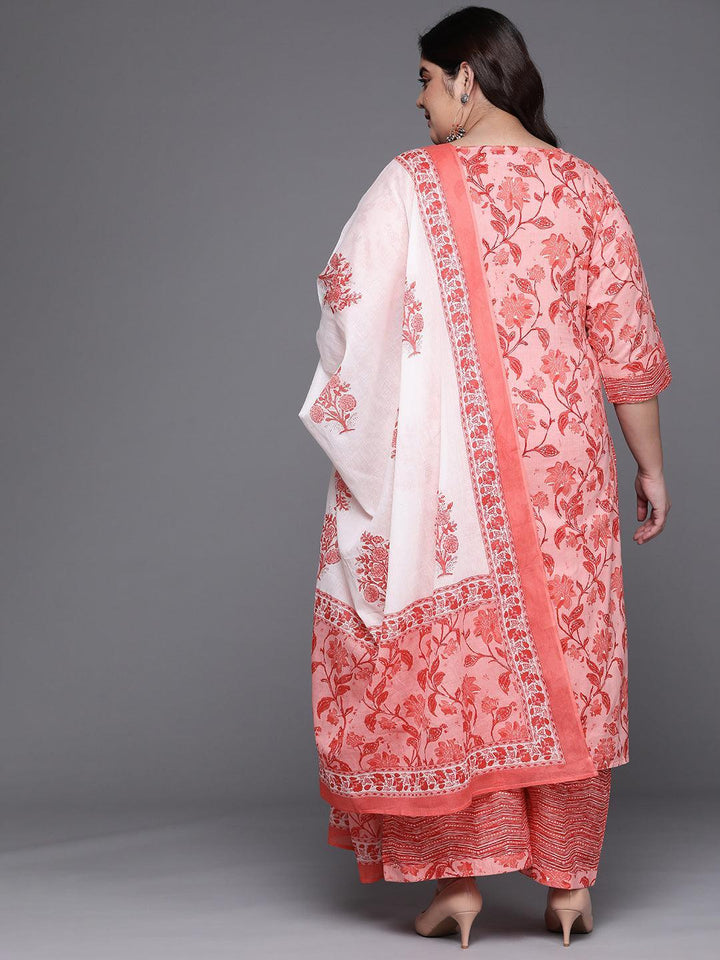 Plus Size Pink Printed Cotton Suit Set