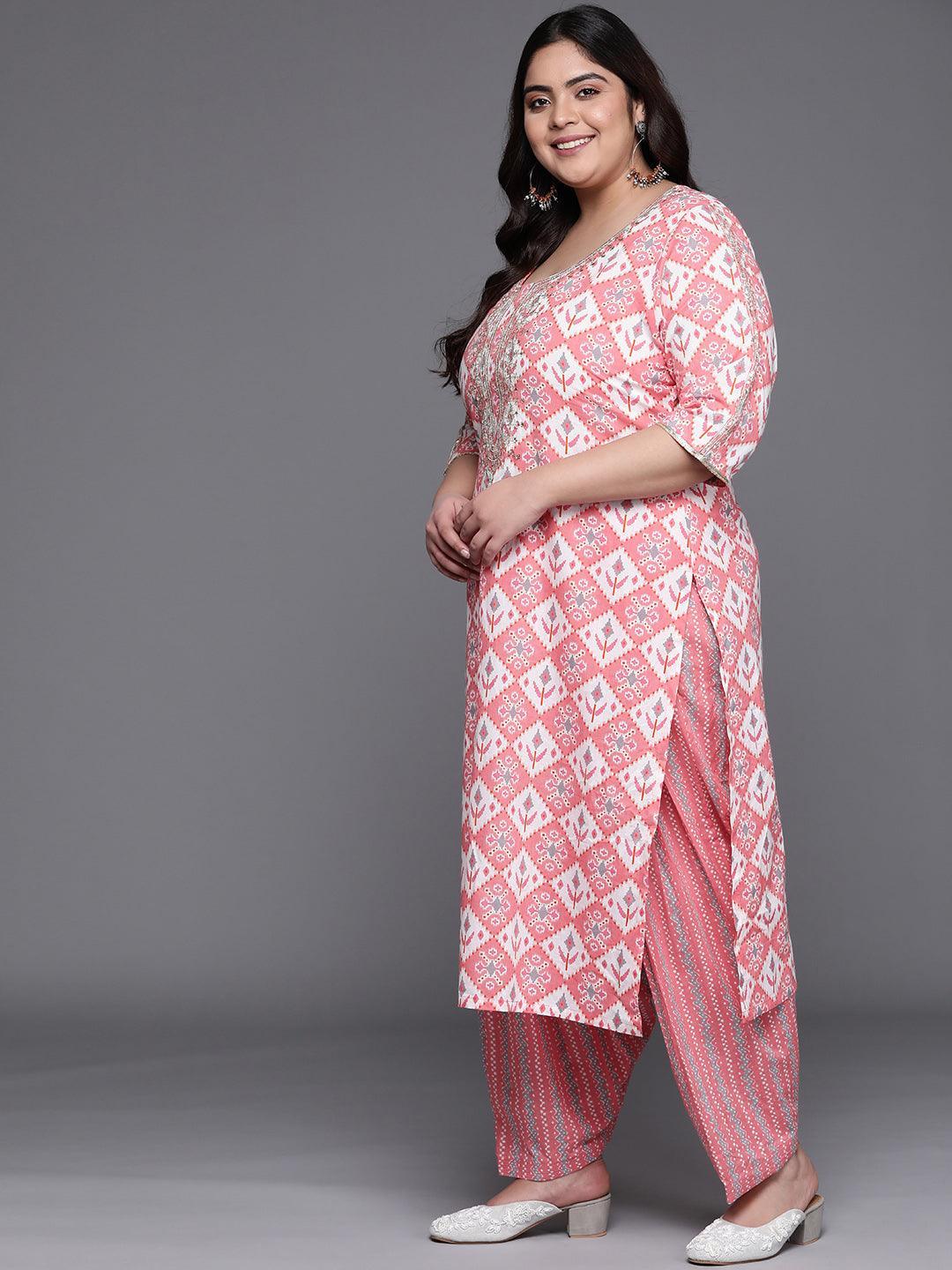 Plus Size Pink Printed Cotton Suit Set - ShopLibas