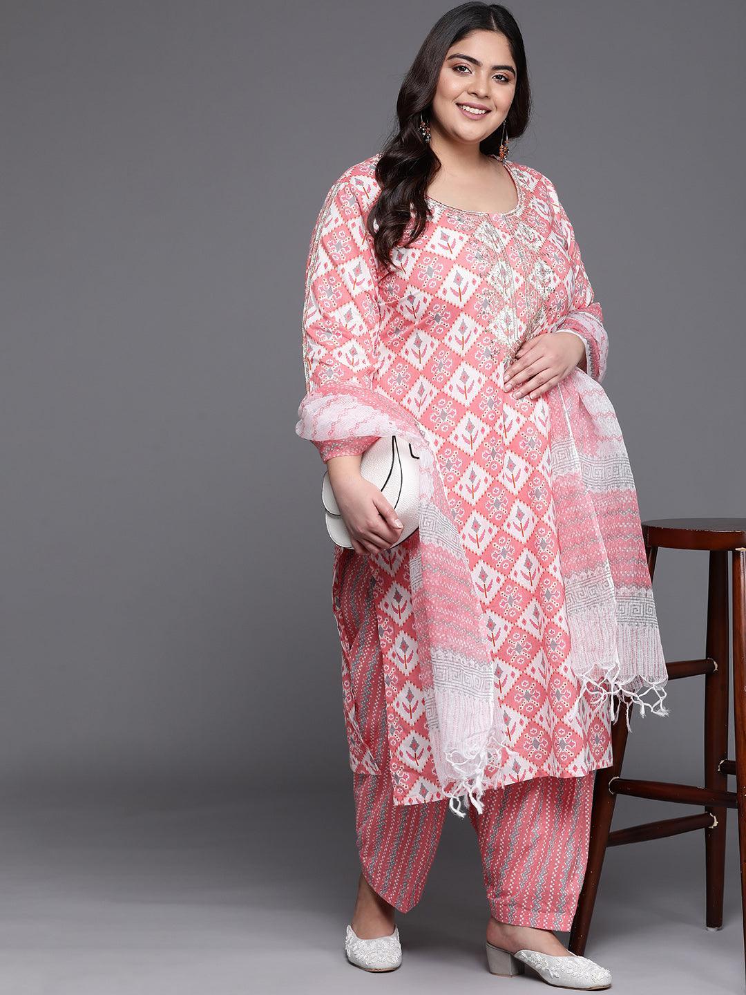 Plus Size Pink Printed Cotton Suit Set - ShopLibas
