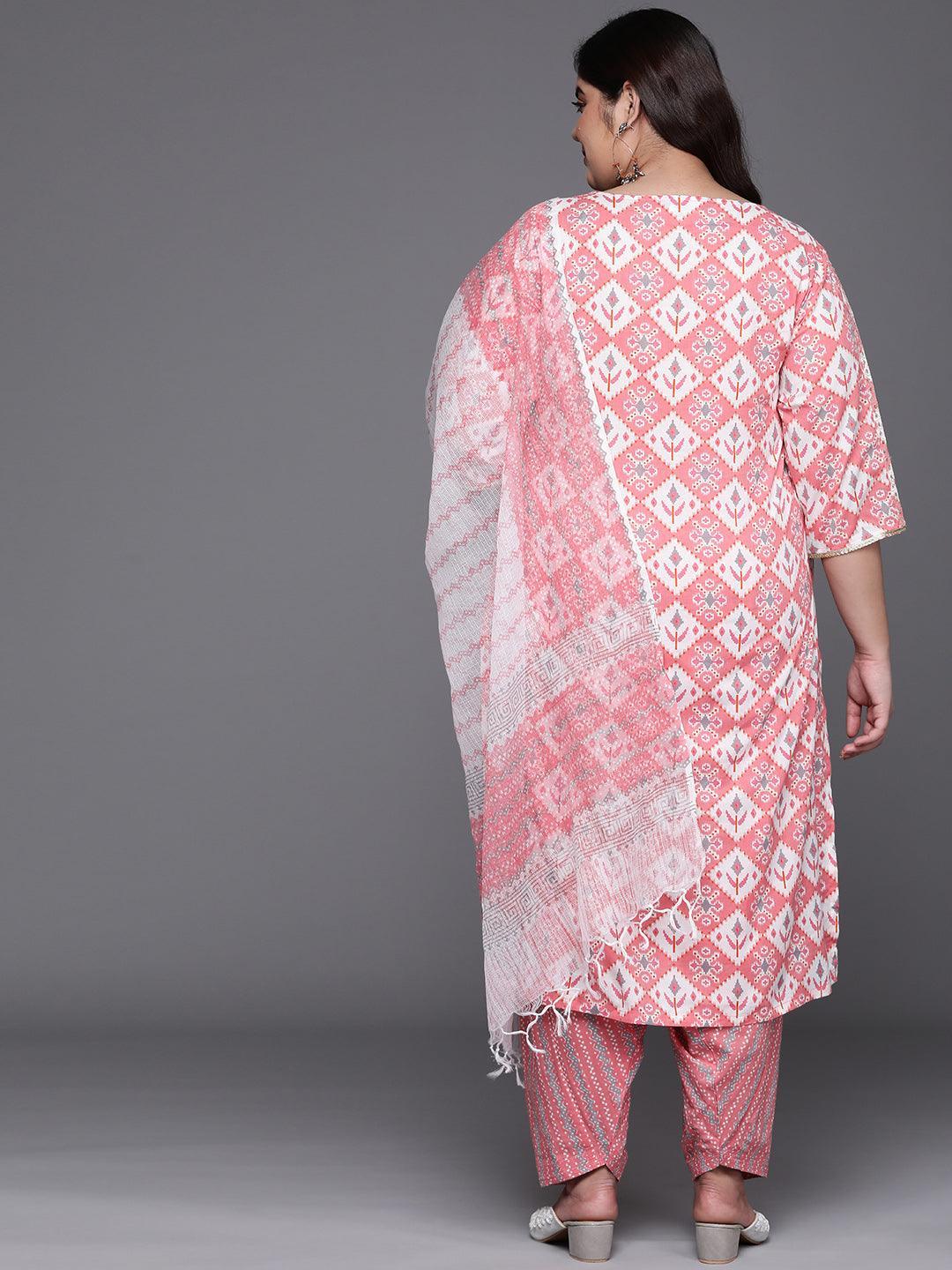 Plus Size Pink Printed Cotton Suit Set - ShopLibas