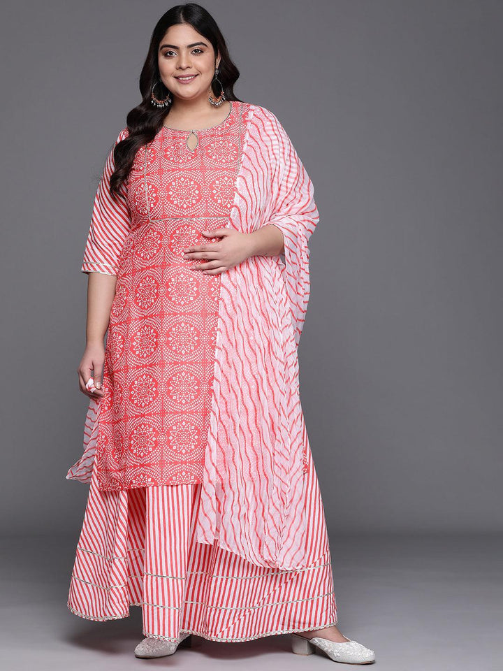 Plus Size Pink Printed Cotton Suit Set