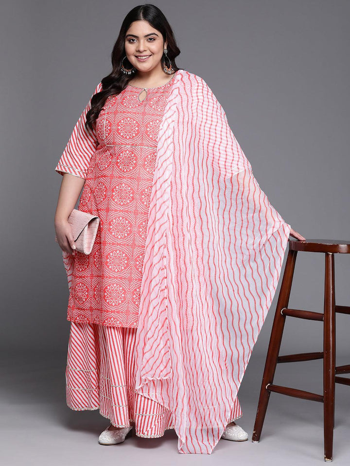 Plus Size Pink Printed Cotton Suit Set