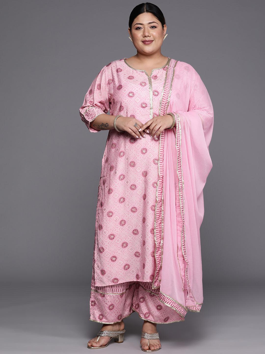 Plus Size Pink Printed Silk Blend Straight Suit Set - ShopLibas