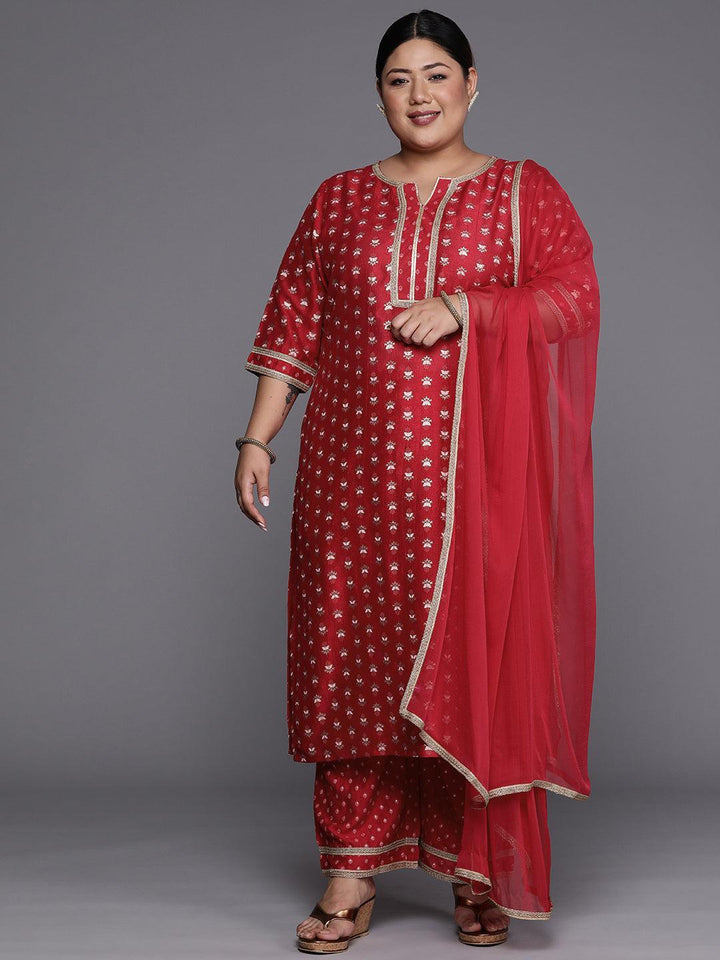 Plus Size Pink Printed Silk Blend Straight Suit Set