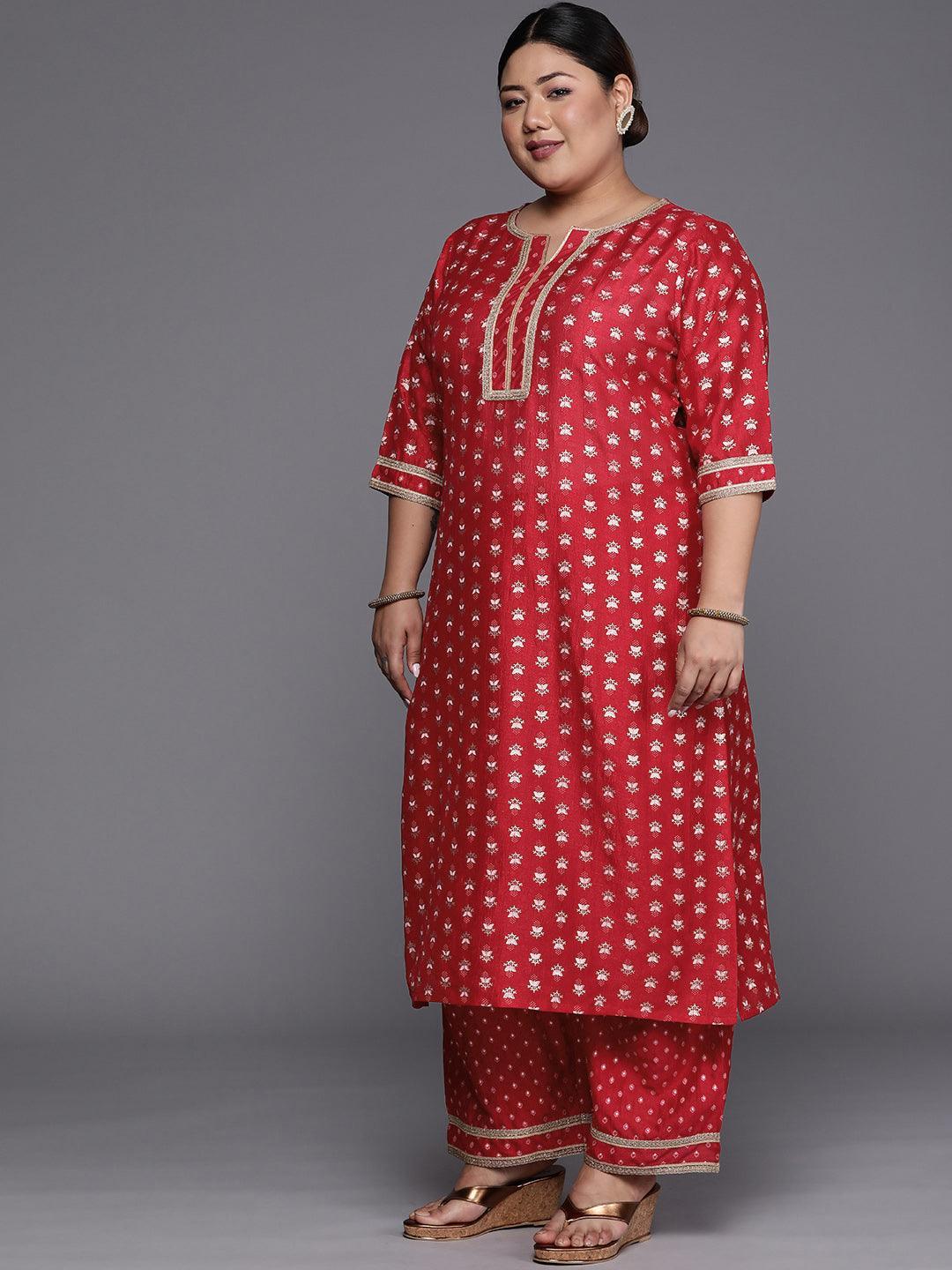 Plus Size Pink Printed Silk Blend Straight Suit Set - ShopLibas