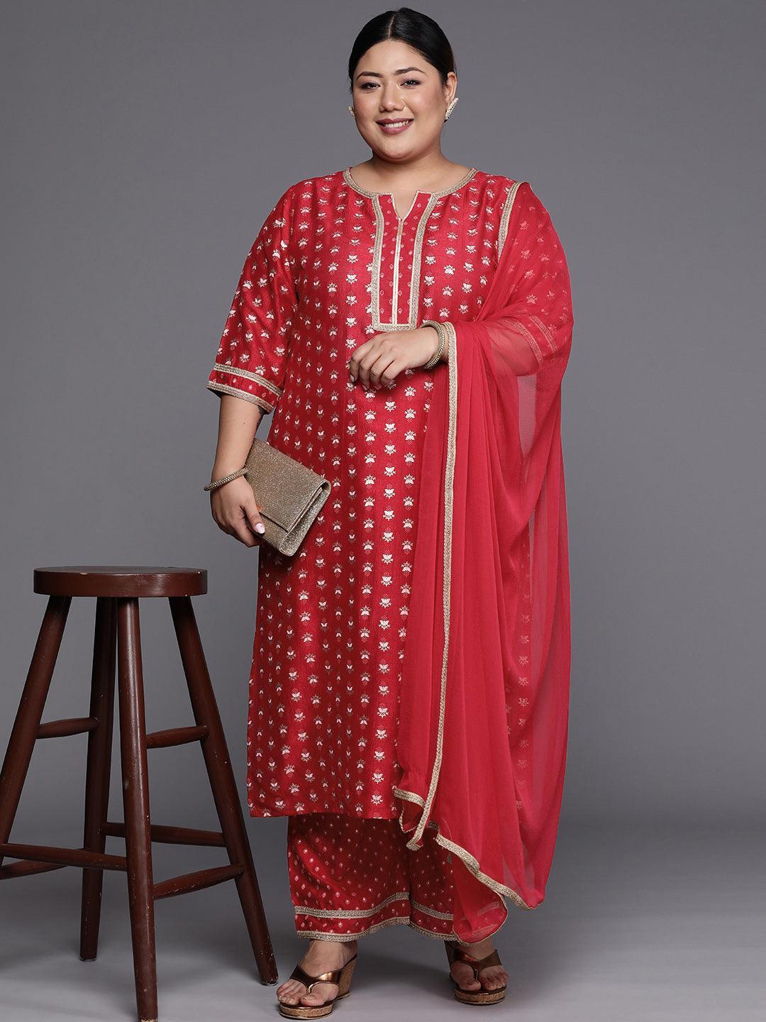 Plus Size Pink Printed Silk Blend Straight Suit Set - ShopLibas