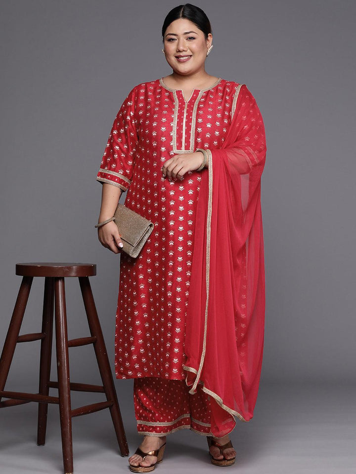 Plus Size Pink Printed Silk Blend Straight Suit Set