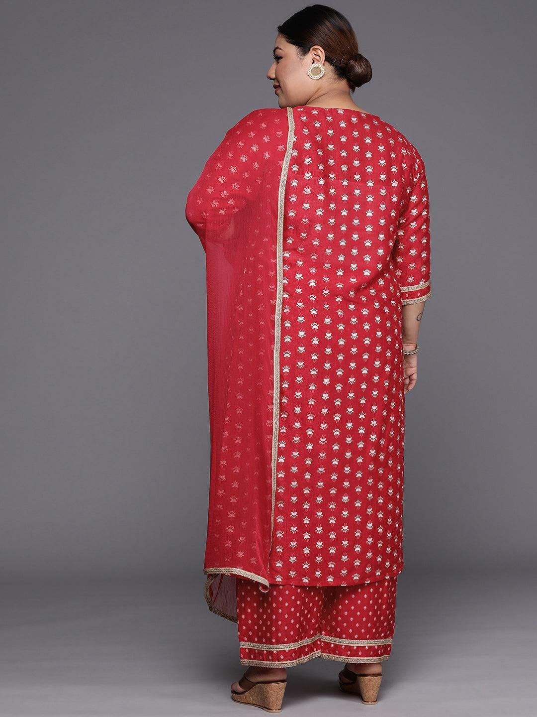 Plus Size Pink Printed Silk Blend Straight Suit Set - ShopLibas