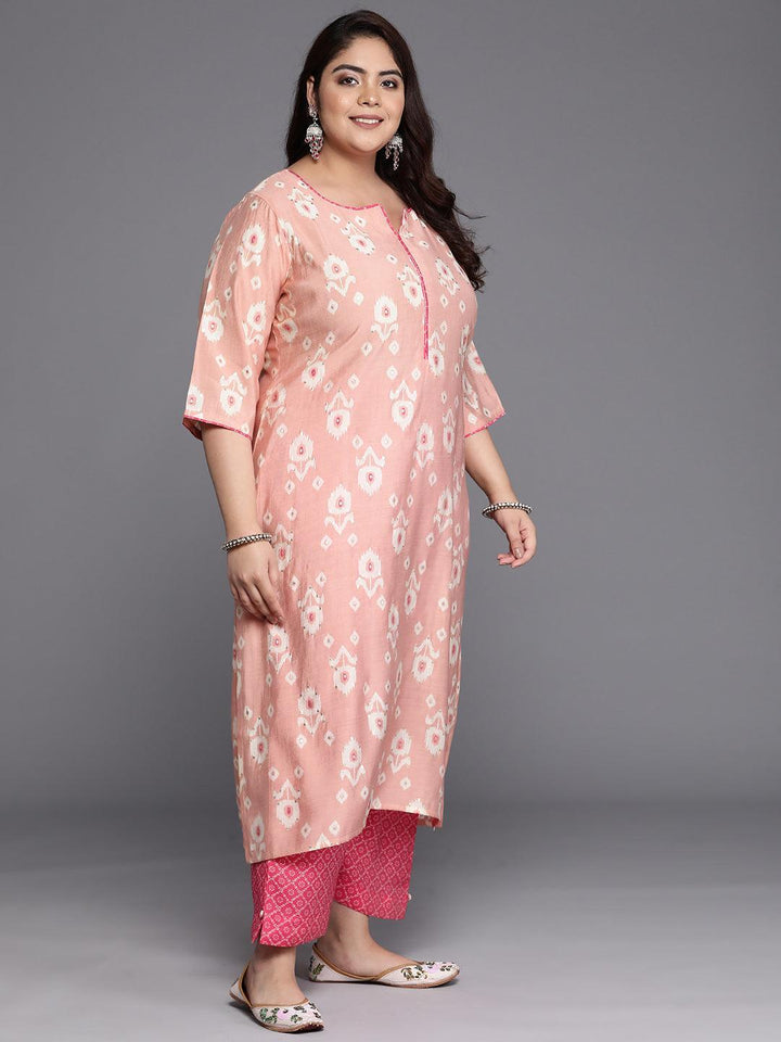 Plus Size Pink Printed Silk Blend Straight Kurta With Trousers & Dupatta