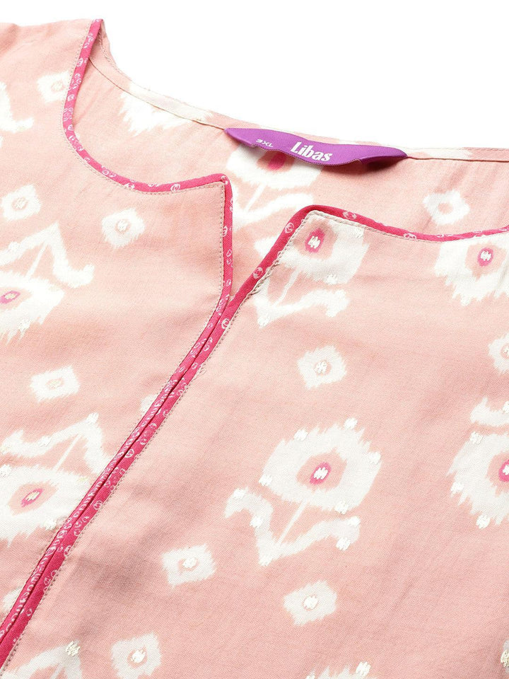 Plus Size Pink Printed Silk Blend Straight Kurta With Trousers & Dupatta