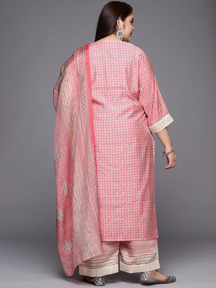 Plus Size Pink Printed Silk Blend Straight Suit Set