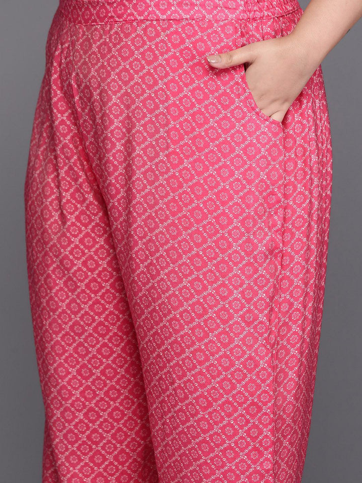 Plus Size Pink Printed Silk Blend Straight Kurta With Trousers & Dupatta