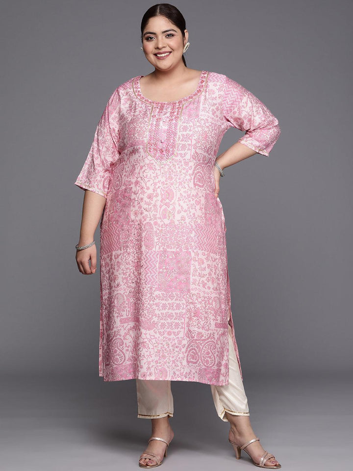 Plus Size Pink Printed Silk Straight Kurta