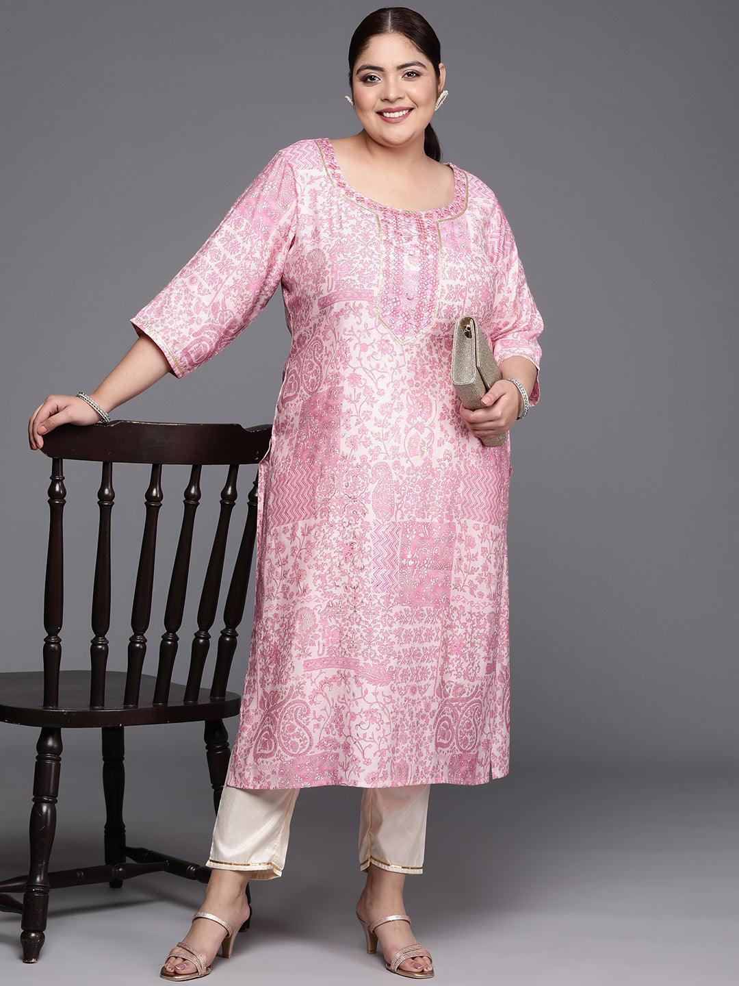 Plus Size Pink Printed Silk Straight Kurta - ShopLibas