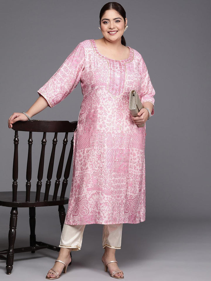 Plus Size Pink Printed Silk Straight Kurta