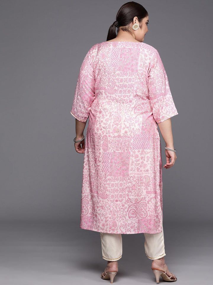 Plus Size Pink Printed Silk Straight Kurta
