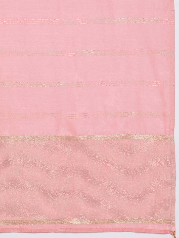 Plus Size Pink Woven Design Silk Blend Straight Kurta With Trousers & Dupatta