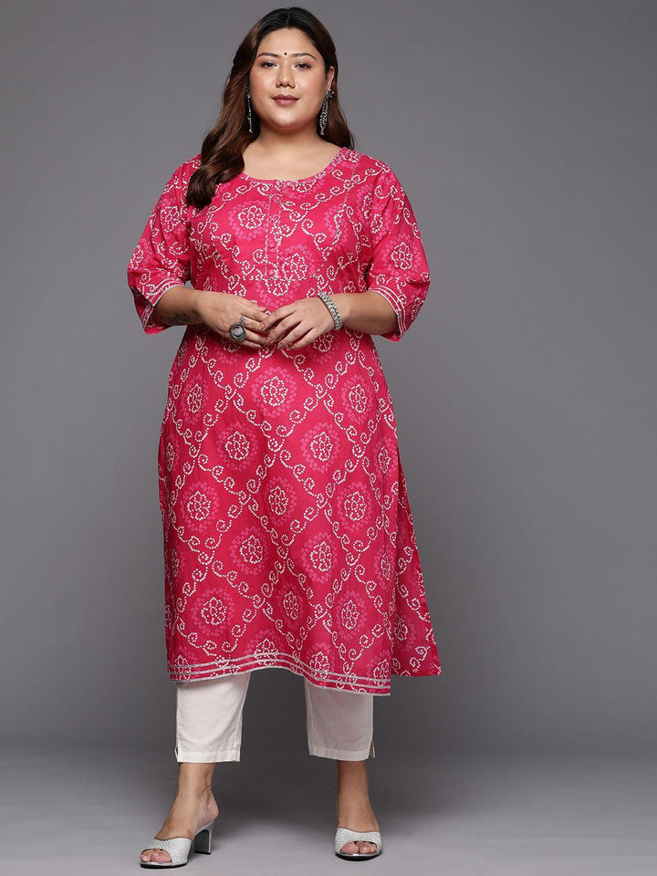 Plus Size Pink Yoke Design Cotton Straight Kurta