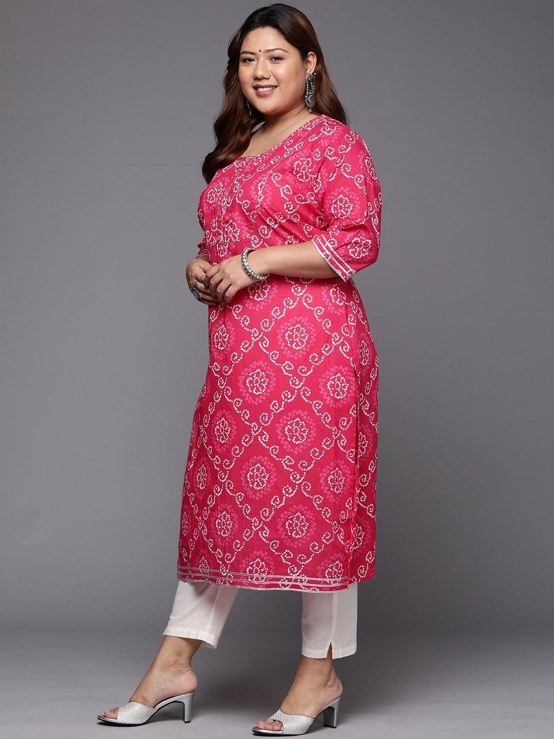 Plus Size Pink Yoke Design Cotton Straight Kurta - ShopLibas
