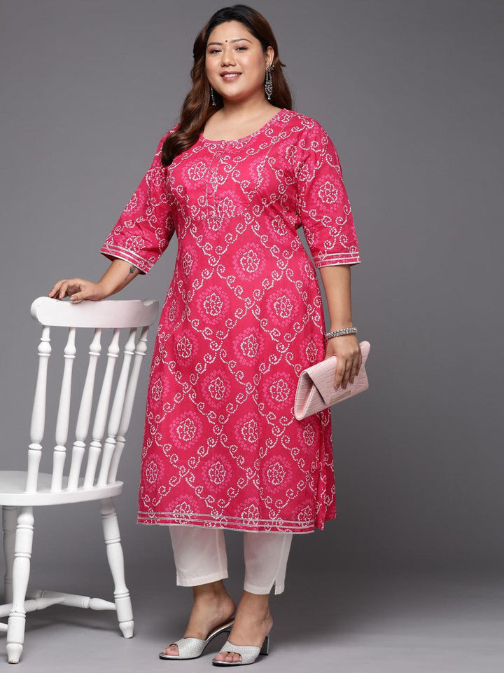 Plus Size Pink Yoke Design Cotton Straight Kurta