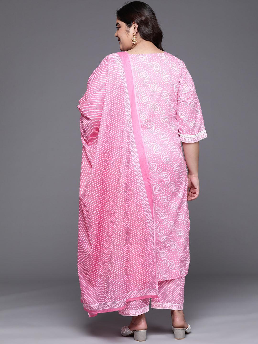 Plus Size Pink Yoke Design Cotton Suit Set - Libas