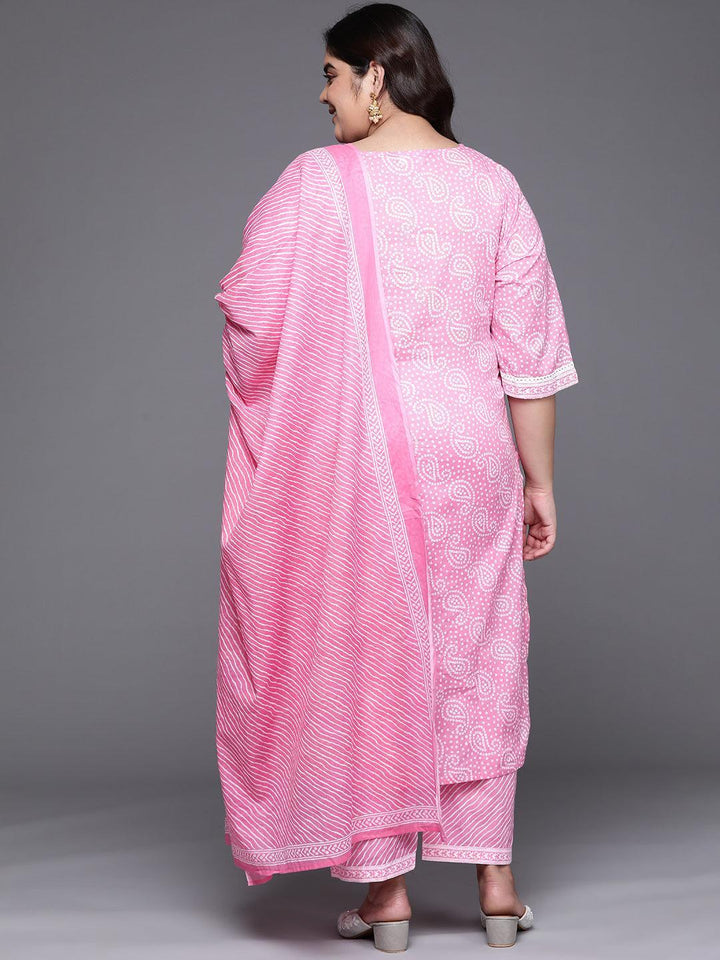 Plus Size Pink Yoke Design Cotton Straight Kurta With Dupatta