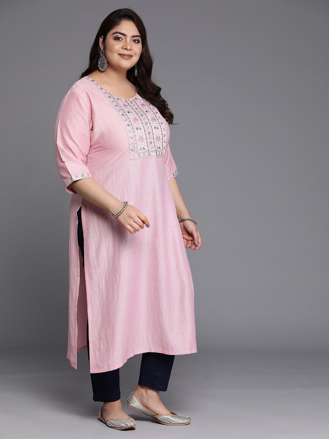 Plus Size Pink Yoke Design Silk Straight Kurta - Libas