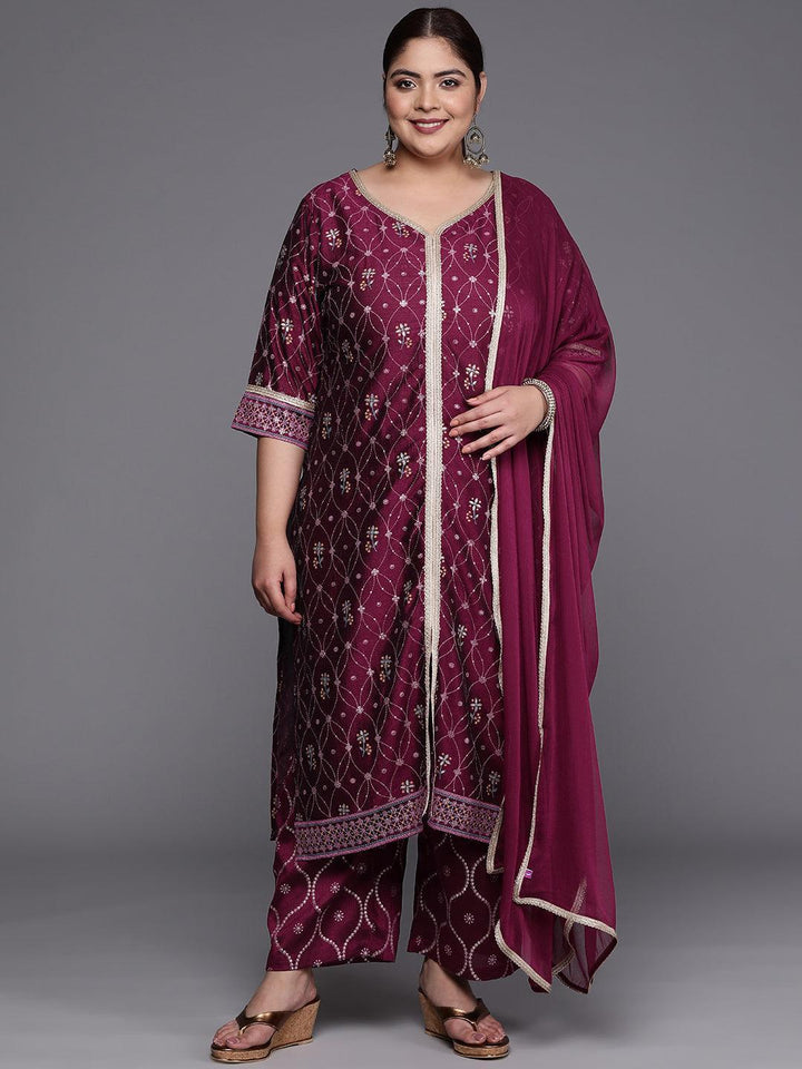 Plus Size Purple Printed Silk Blend Straight Suit Set