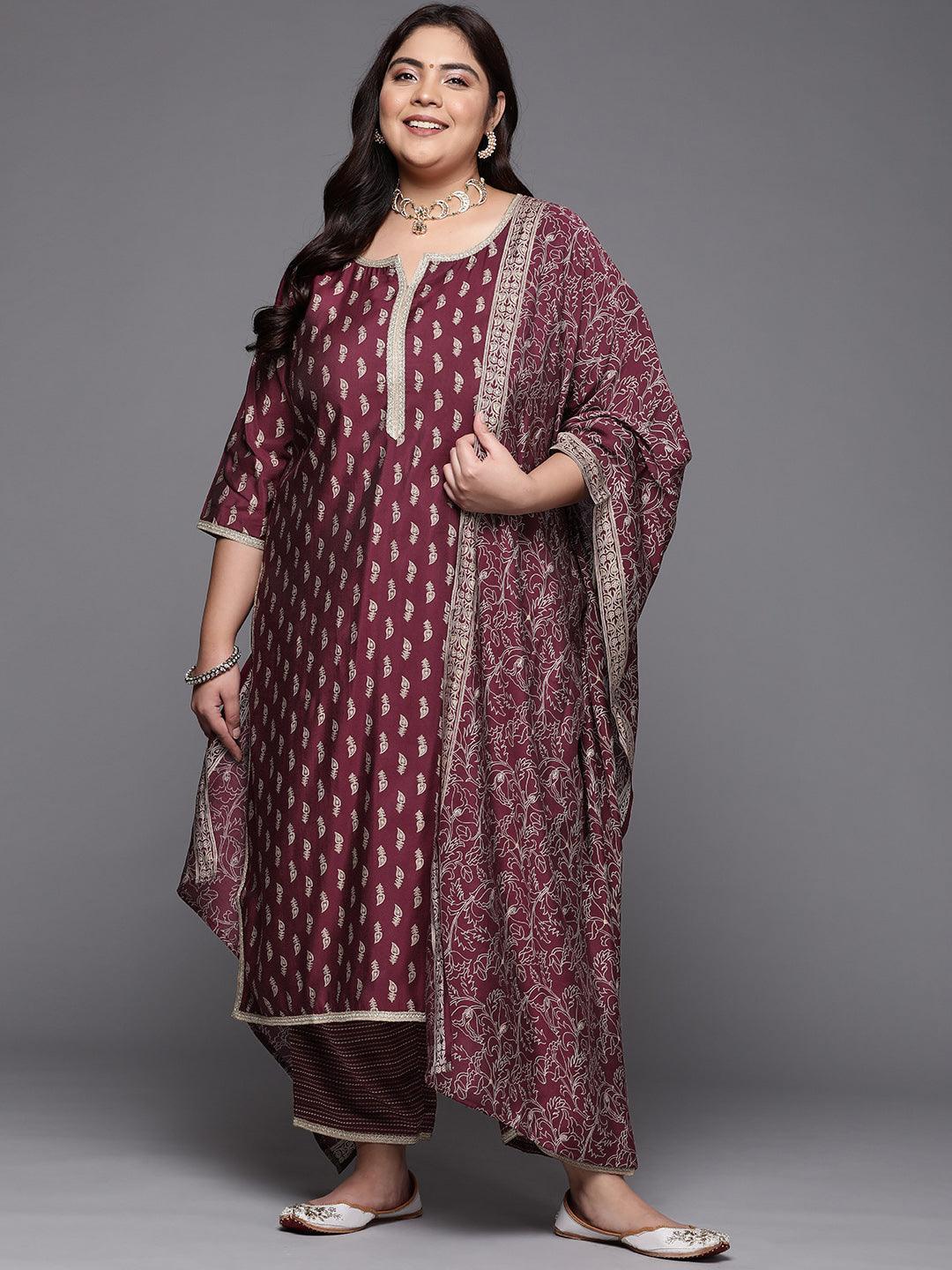 Plus Size Purple Printed Silk Blend Straight Suit Set - ShopLibas