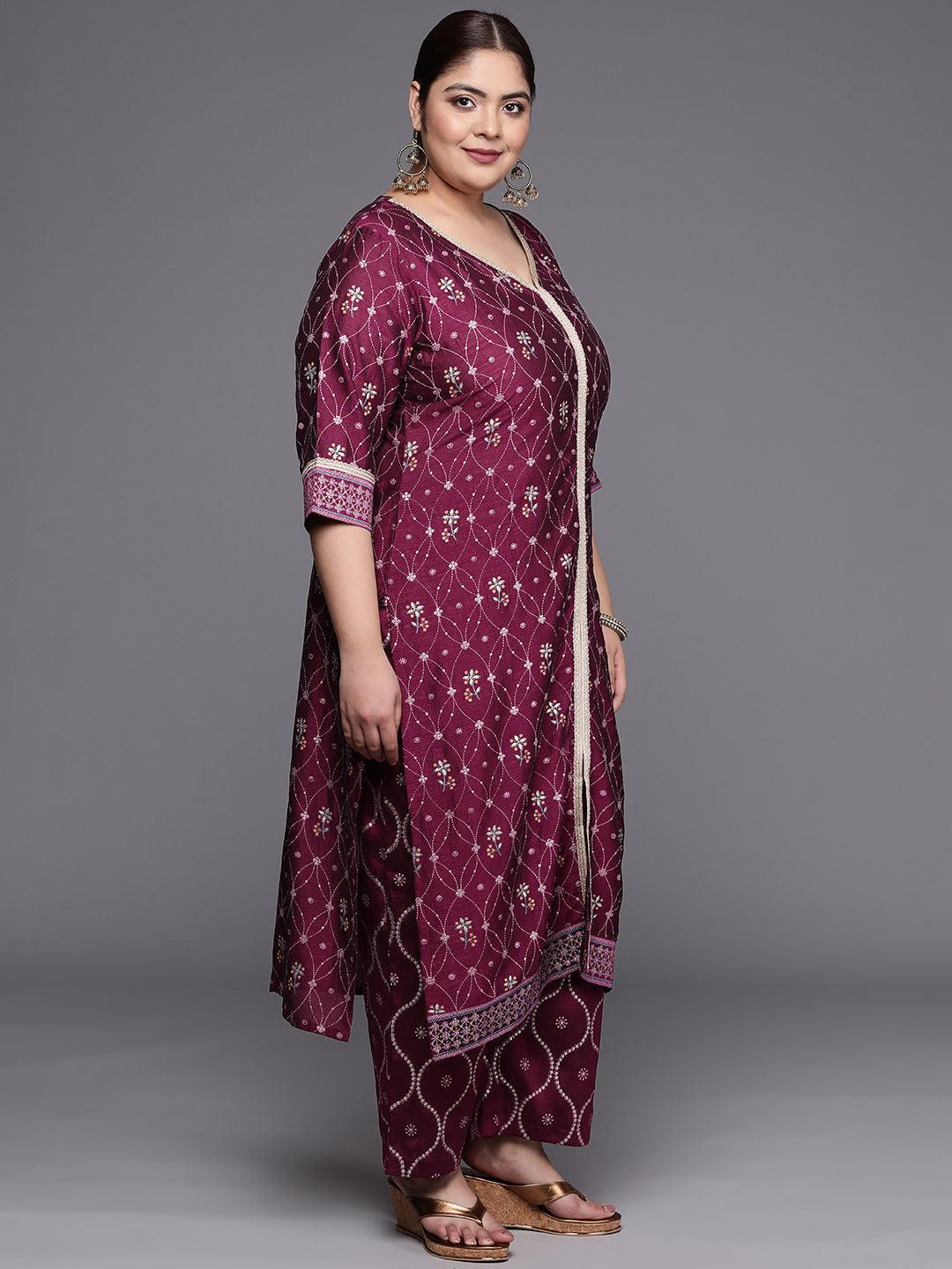 Plus Size Purple Printed Silk Blend Straight Suit Set - ShopLibas