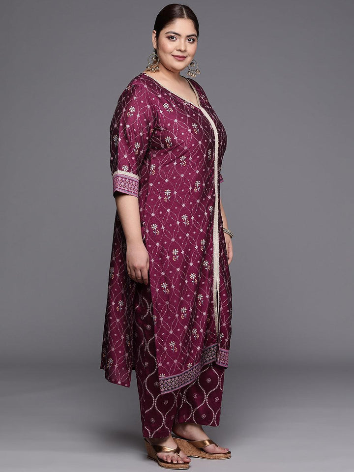 Plus Size Purple Printed Silk Blend Straight Suit Set