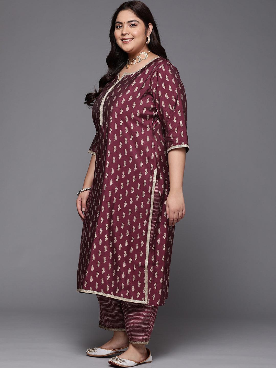Plus Size Purple Printed Silk Blend Straight Suit Set - ShopLibas