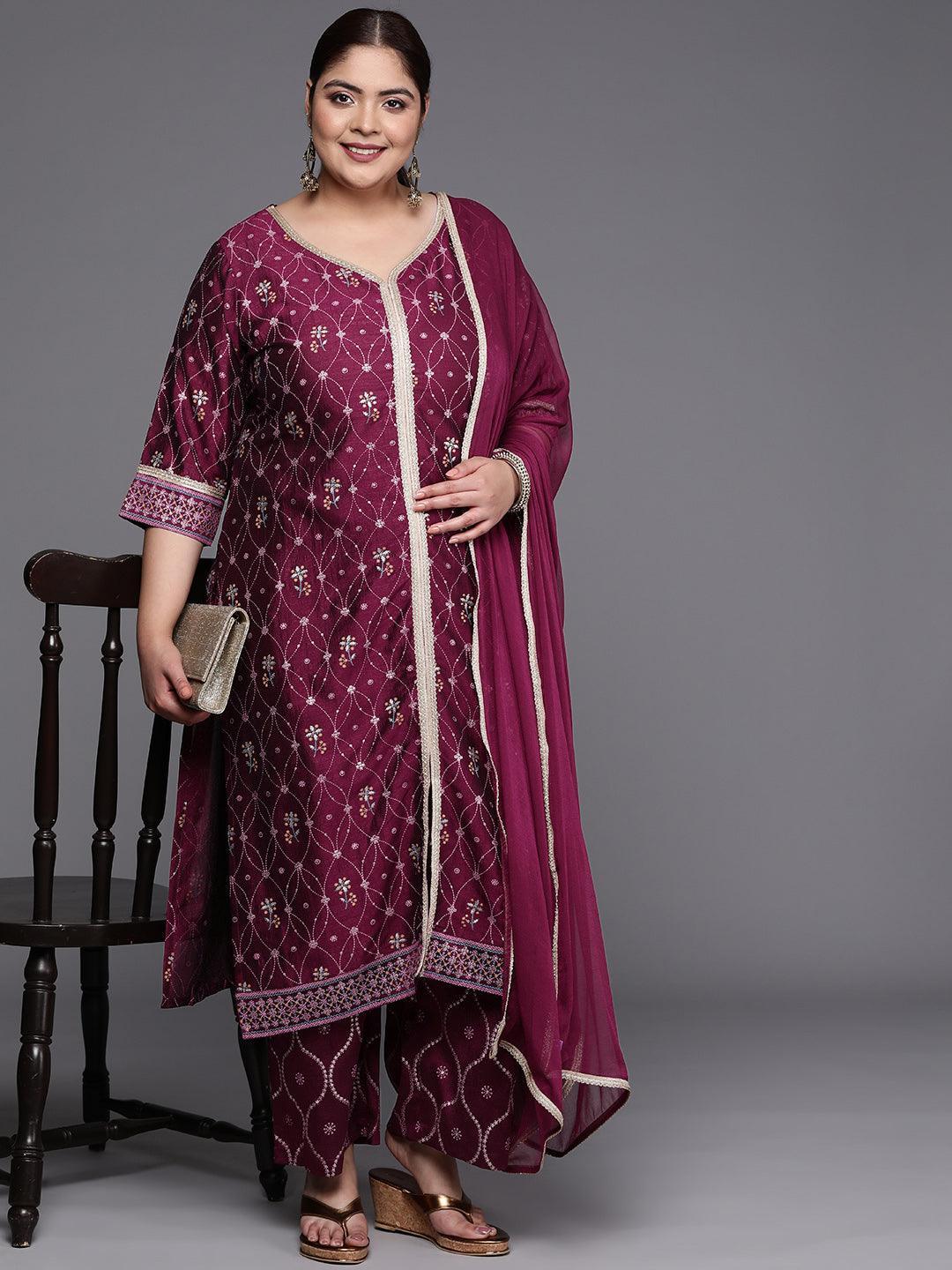 Plus Size Purple Printed Silk Blend Straight Suit Set - ShopLibas