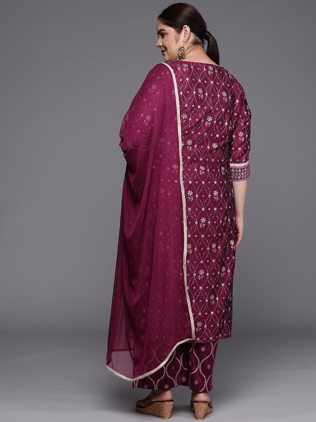 Plus Size Purple Printed Silk Blend Straight Suit Set - ShopLibas