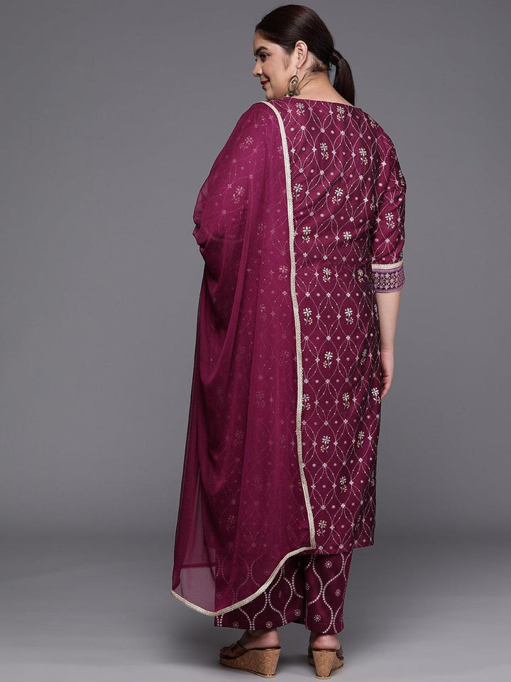 Plus Size Purple Printed Silk Blend Straight Suit Set