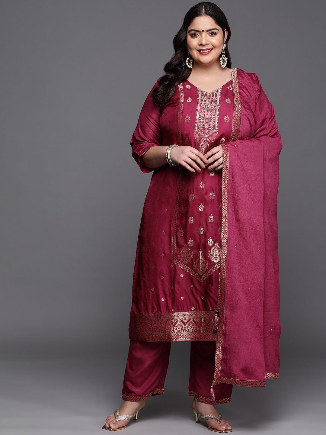 Plus Size Purple Self Design Silk Blend Suit Set - ShopLibas