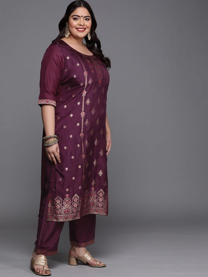 Plus Size Purple Self Design Silk Blend Suit Set