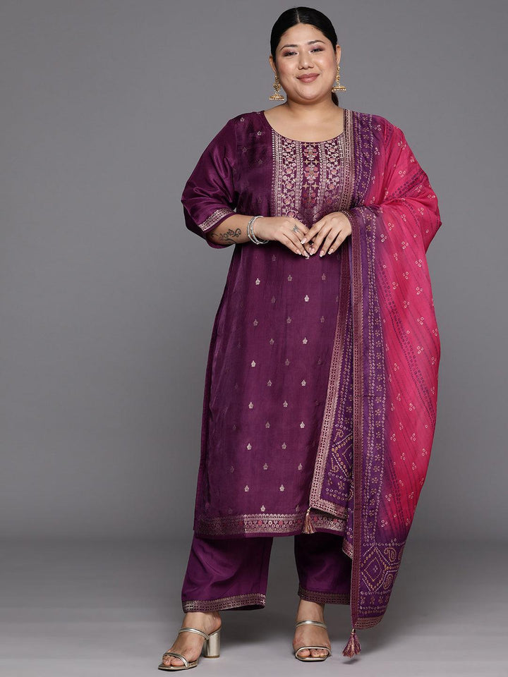 Plus Size Purple Woven Design Silk Blend Straight Kurta With Trousers & Dupatta