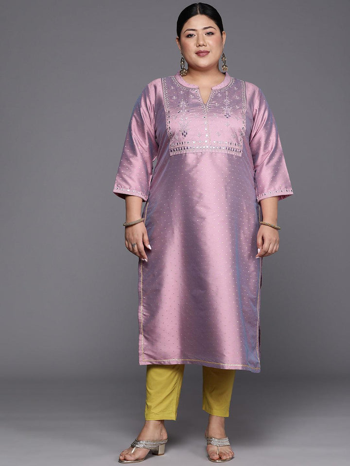 Plus Size Purple Yoke Design Art Silk Straight Kurta