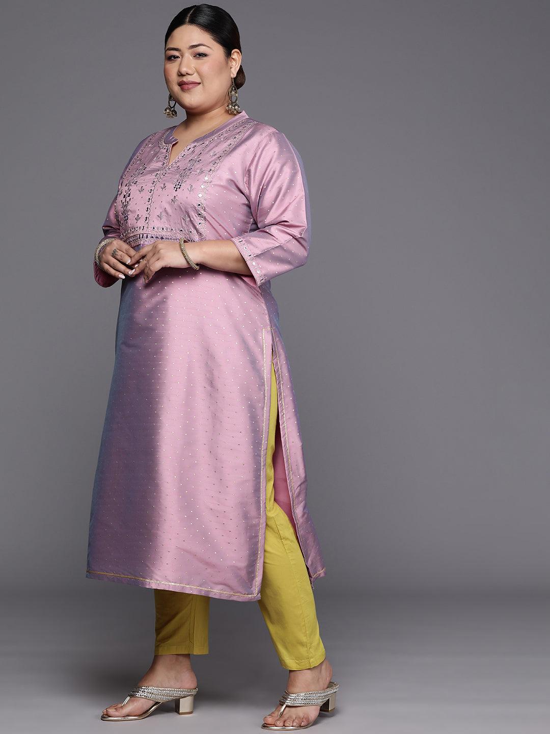 Plus Size Purple Yoke Design Art Silk Straight Kurta - ShopLibas