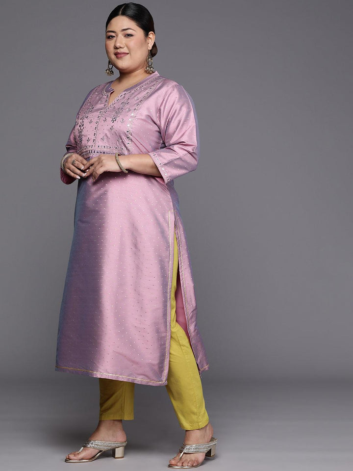 Plus Size Purple Yoke Design Art Silk Straight Kurta